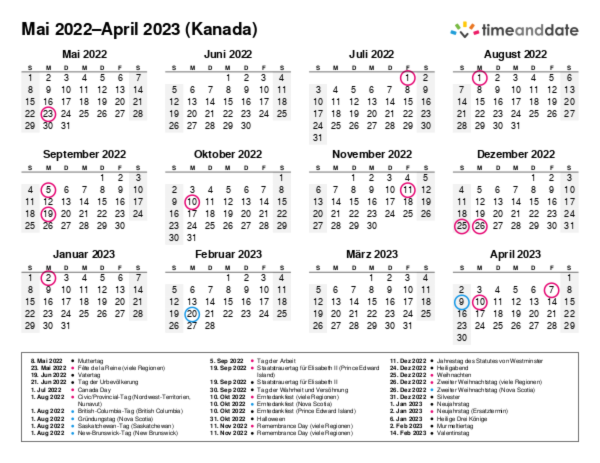 Kalender für 2022 in Kanada