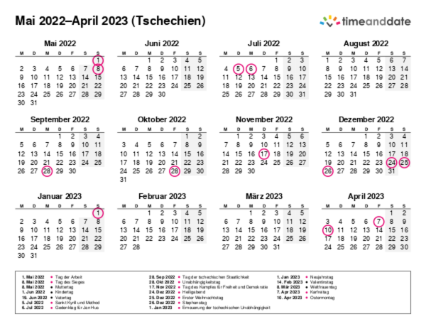 Kalender für 2022 in Tschechien