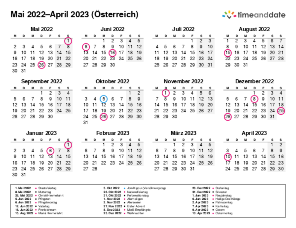 Kalender für 2022 in Österreich