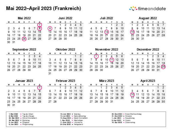 Kalender für 2022 in Frankreich