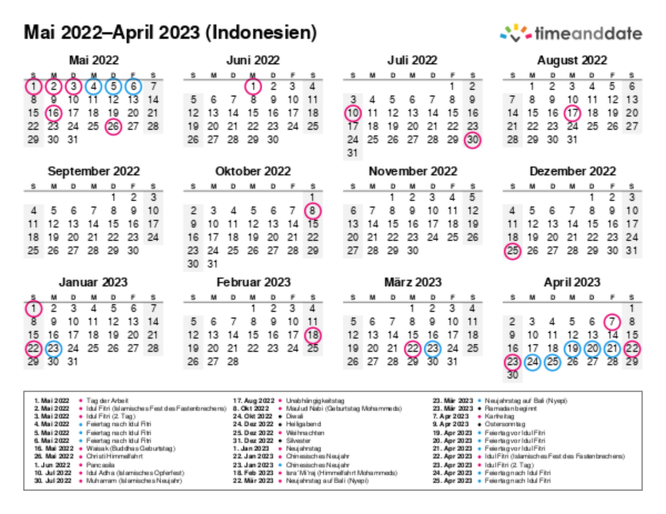 Kalender für 2022 in Indonesien