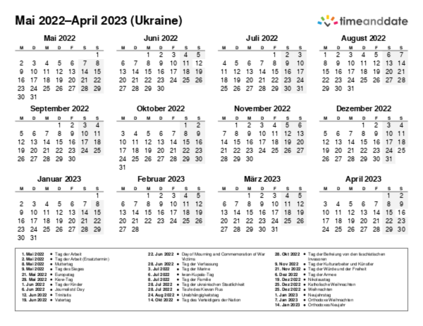 Kalender für 2022 in Ukraine