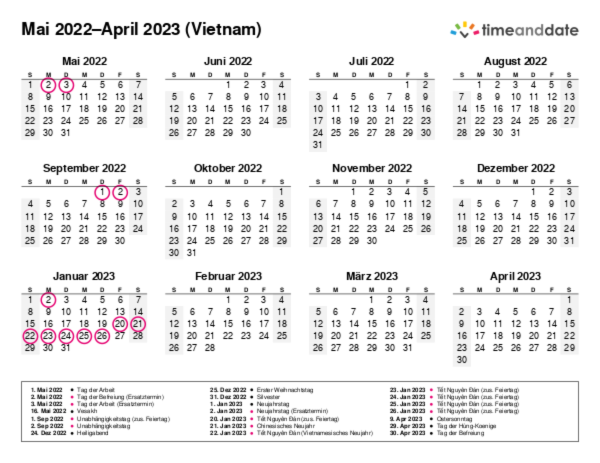 Kalender für 2022 in Vietnam