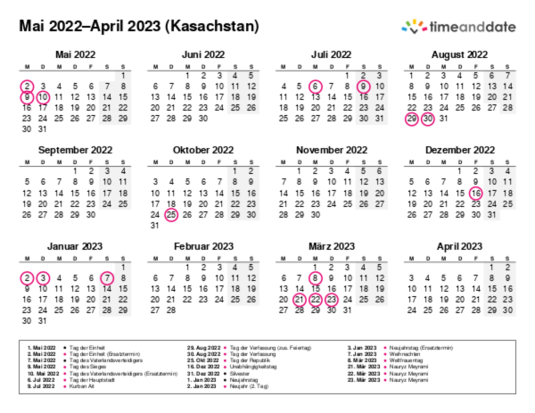 Kalender für 2022 in Kasachstan
