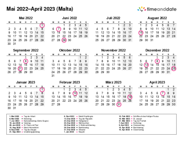 Kalender für 2022 in Malta