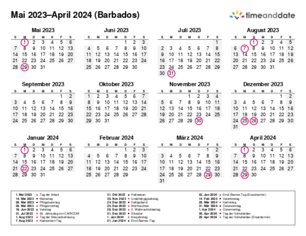 Kalender für 2023 in Barbados