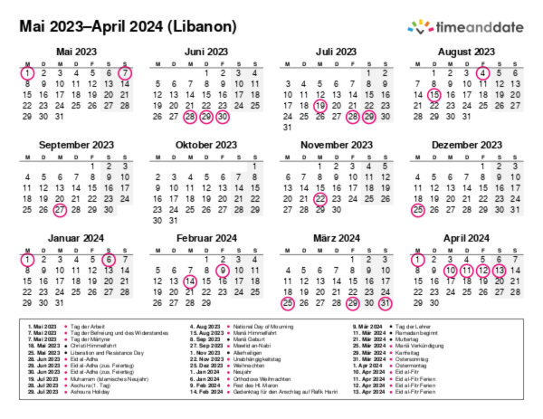Kalender für 2023 in Libanon