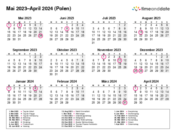 Kalender für 2023 in Polen