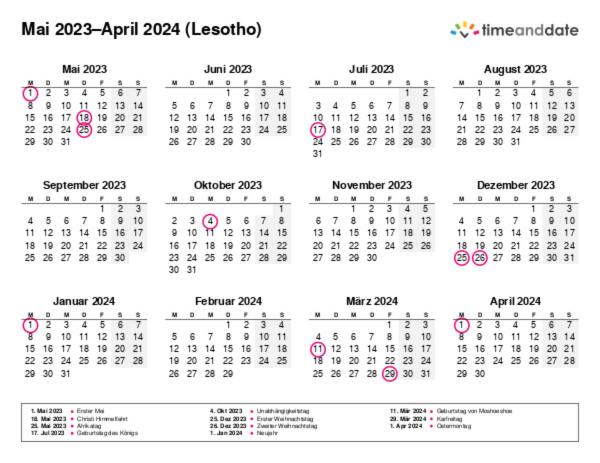 Kalender für 2023 in Lesotho