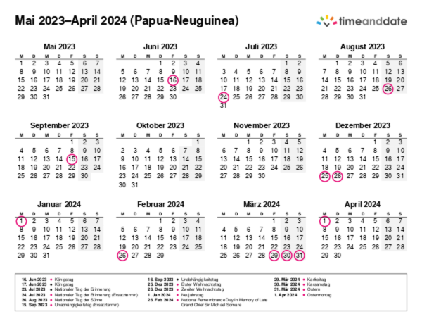 Kalender für 2023 in Papua-Neuguinea