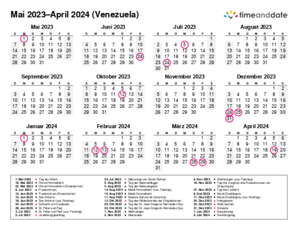 Kalender für 2023 in Venezuela