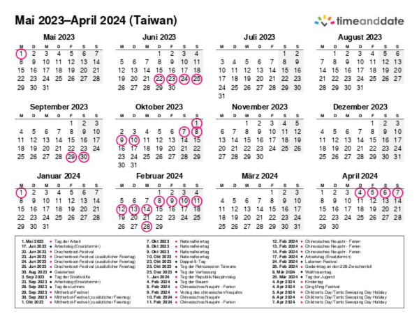 Kalender für 2023 in Taiwan
