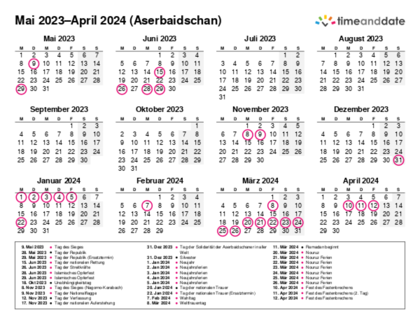 Kalender für 2023 in Aserbaidschan
