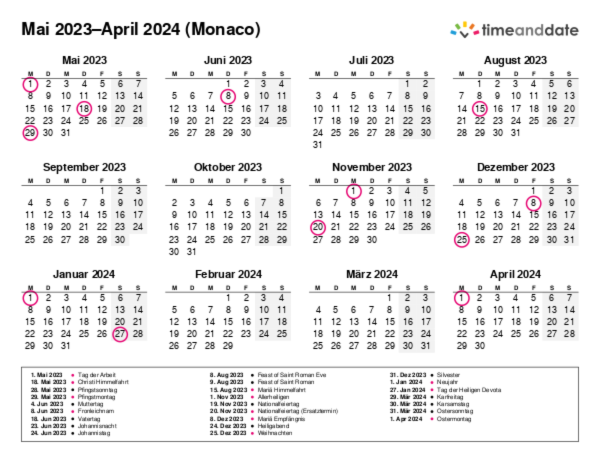 Kalender für 2023 in Monaco
