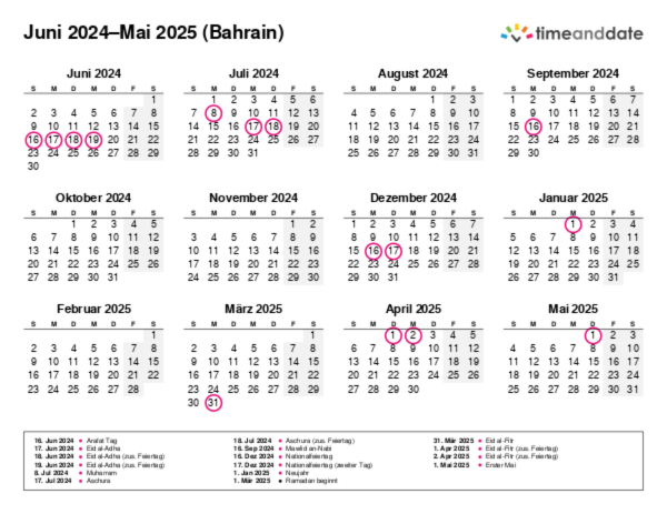 Kalender für 2024 in Bahrain