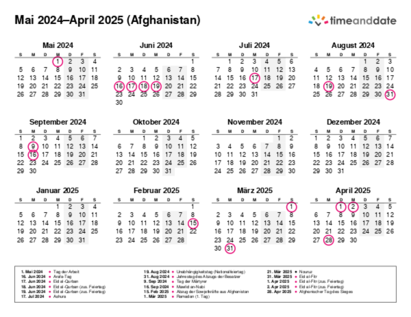 Kalender für 2024 in Afghanistan