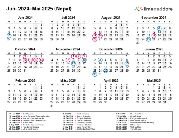 Kalender für 2024 in Nepal
