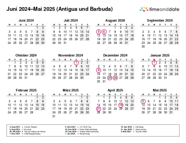 Kalender für 2024 in Antigua und Barbuda