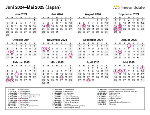 Kalender für 2024 in Japan