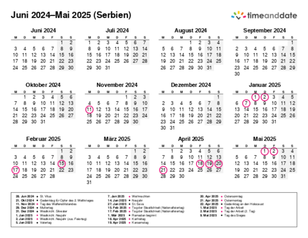 Kalender für 2024 in Serbien