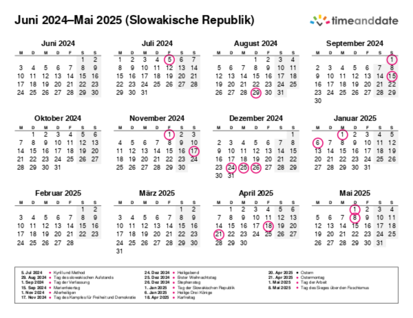 Kalender für 2024 in Slowakische Republik