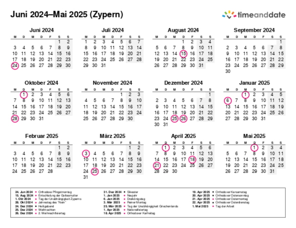 Kalender für 2024 in Zypern