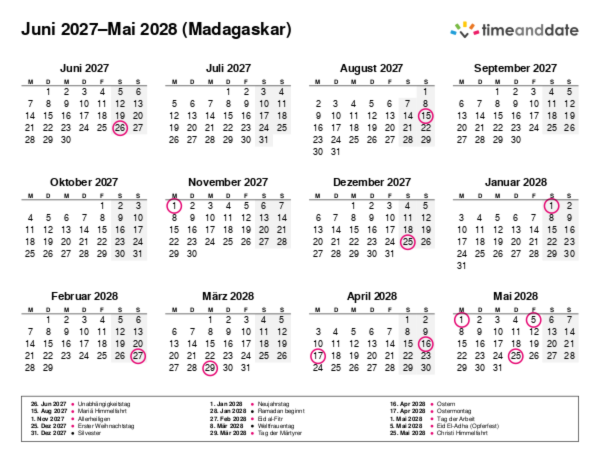 Kalender für 2027 in Madagaskar