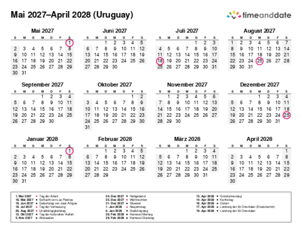 Kalender für 2027 in Uruguay