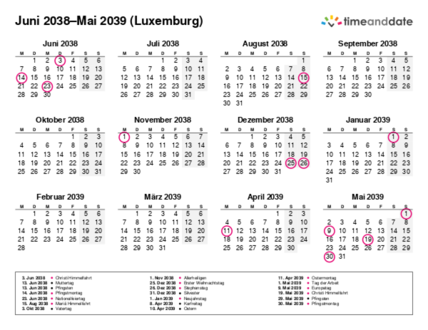 Kalender für 2038 in Luxemburg