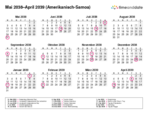 Kalender für 2038 in Amerikanisch-Samoa