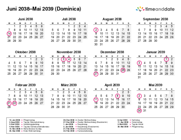 Kalender für 2038 in Dominica