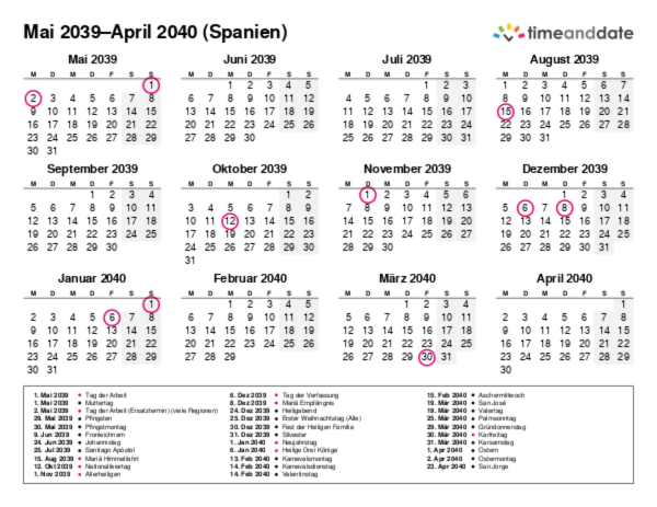 Kalender für 2039 in Spanien