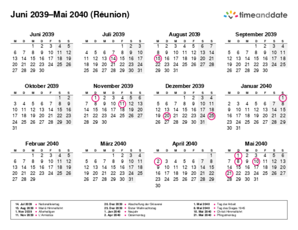 Kalender für 2039 in Réunion