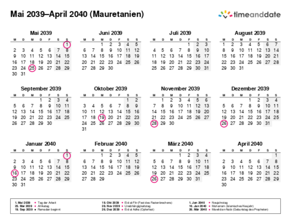 Kalender für 2039 in Mauretanien