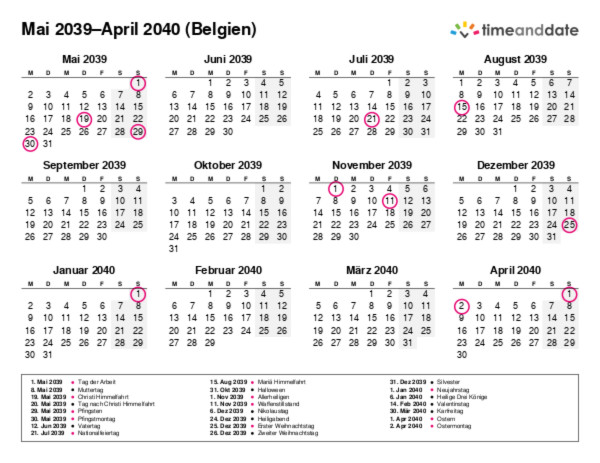 Kalender für 2039 in Belgien