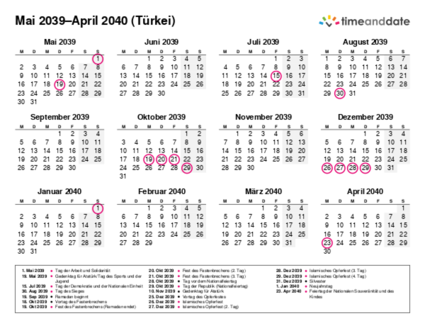 Kalender für 2039 in Türkei
