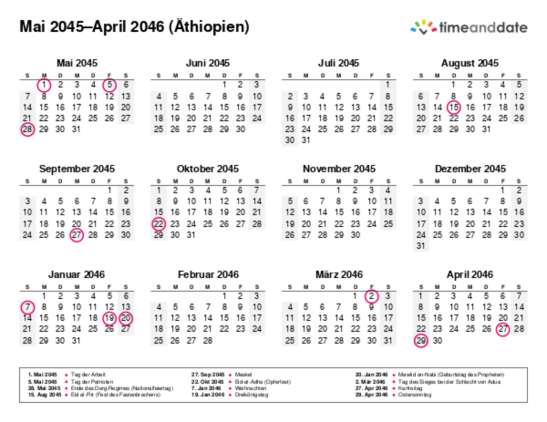 Kalender für 2045 in Äthiopien