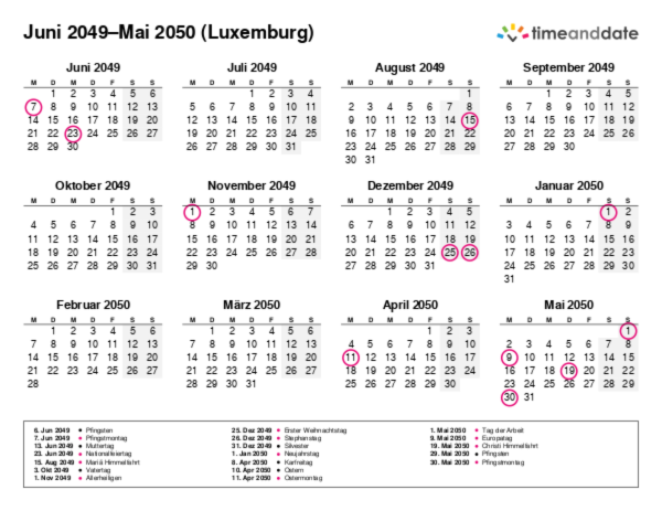 Kalender für 2049 in Luxemburg