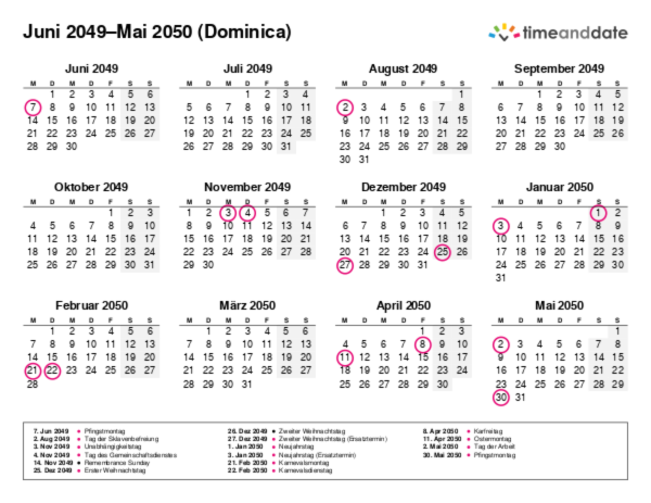 Kalender für 2049 in Dominica