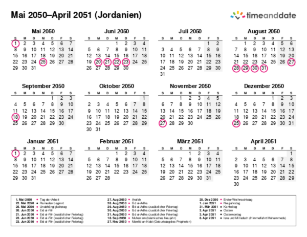 Kalender für 2050 in Jordanien