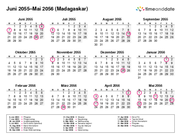 Kalender für 2055 in Madagaskar