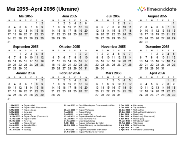Kalender für 2055 in Ukraine