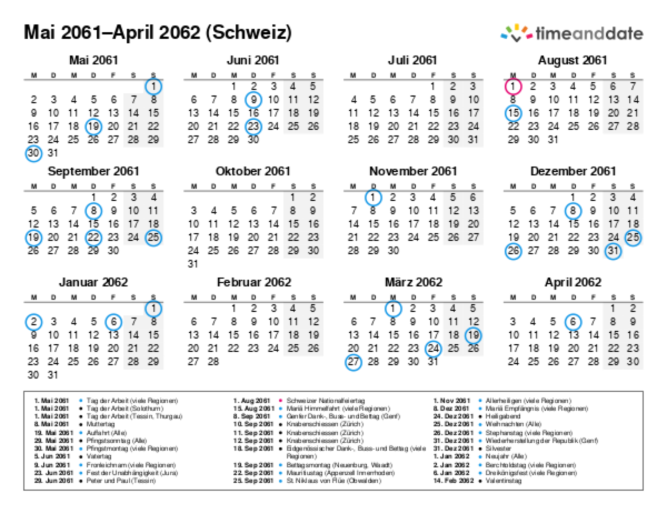 Kalender für 2061 in Schweiz
