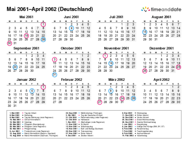 Kalender für 2061 in Deutschland