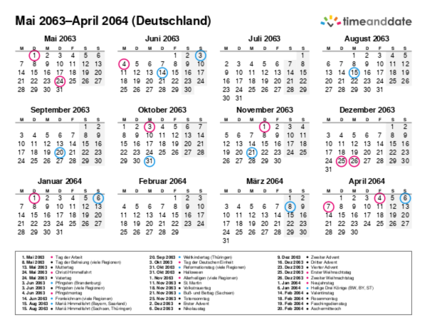 Kalender für 2063 in Deutschland