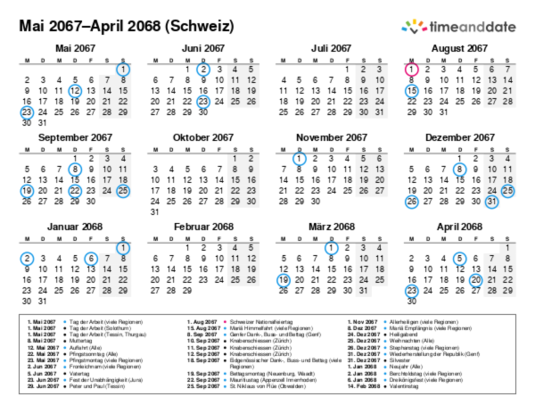 Kalender für 2067 in Schweiz