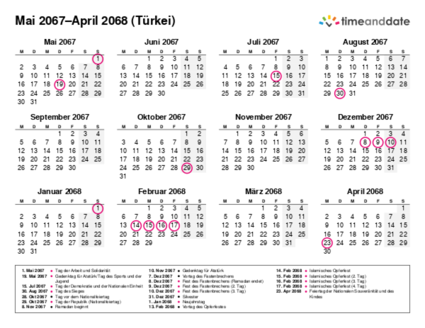 Kalender für 2067 in Türkei