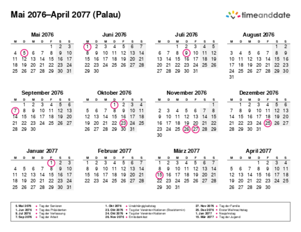 Kalender für 2076 in Palau