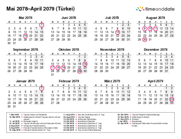Kalender für 2078 in Türkei