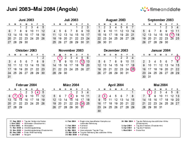 Kalender für 2083 in Angola